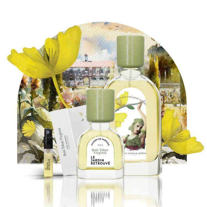 Image de la collection Bois Tabac Virginia du Jardin Retrouvé / on y trouve le mini spray , le parfum 15 et 50ml / il y'a une illustration derrière qui représente l'ARBORETUM DE l'état de VIRGINIE