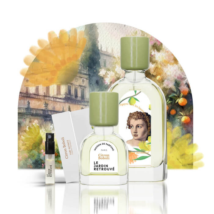 Image de la collection Citron Boboli du Jardin Retrouvé / on y trouve le mini spray , le parfum 15 et 50ml / il y'a une illustration derrière qui représente un jardin de citron