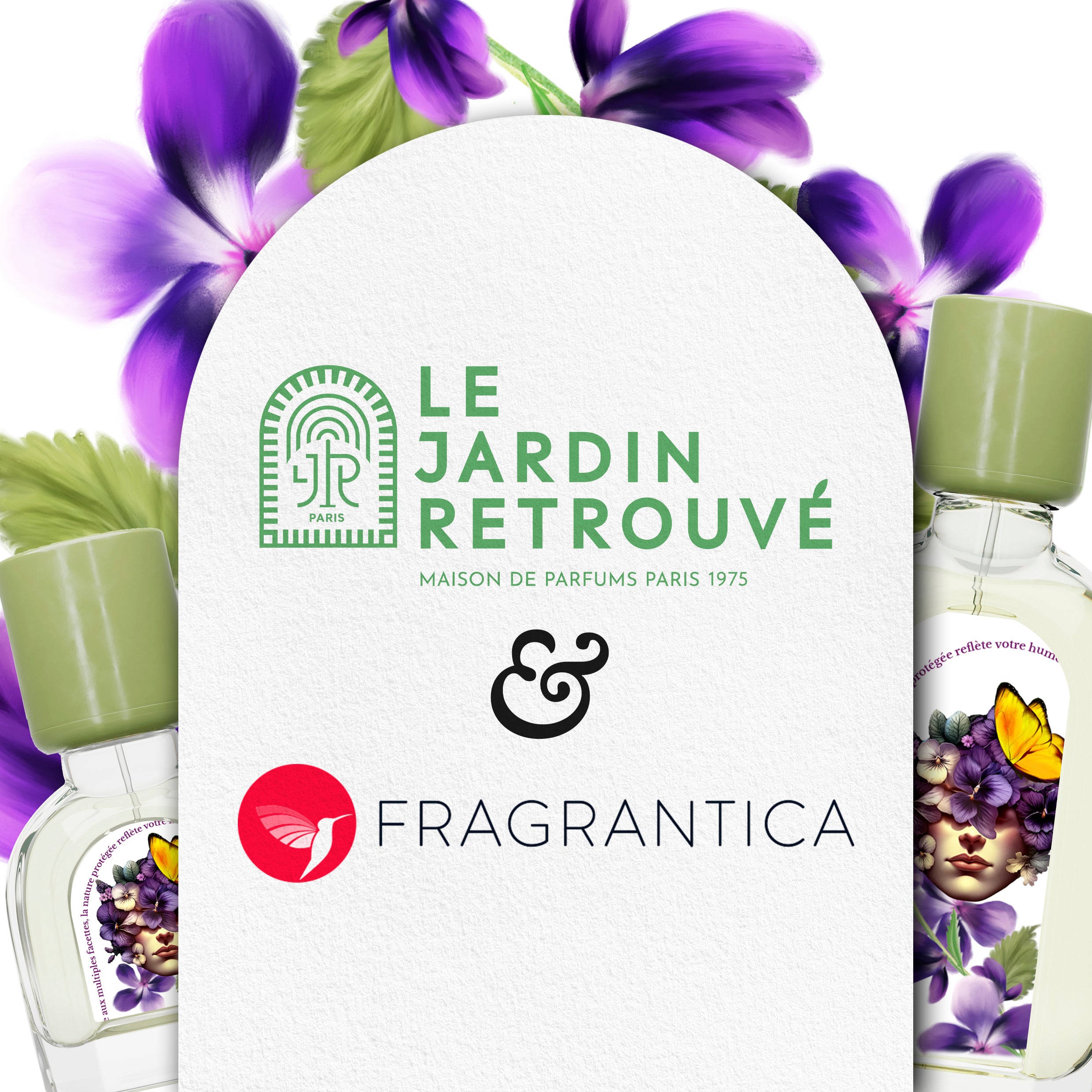 Image colorée en second plan - en premier plan tu as une arche avec le logo du Jardin Retrouvé et de Fragrantica - utilisez comme bannière du blog