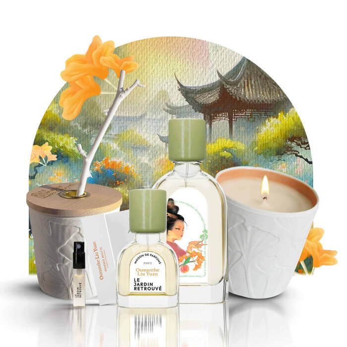 Image de la collection Osmanthe Liu Yuan du Jardin Retrouvé / on y trouve le diffuseur , le mini spray , le parfum 15 et 50ml et la bougie. / il y'a une illustration derrière du Jardin d'Osmanthe Liu Yuan