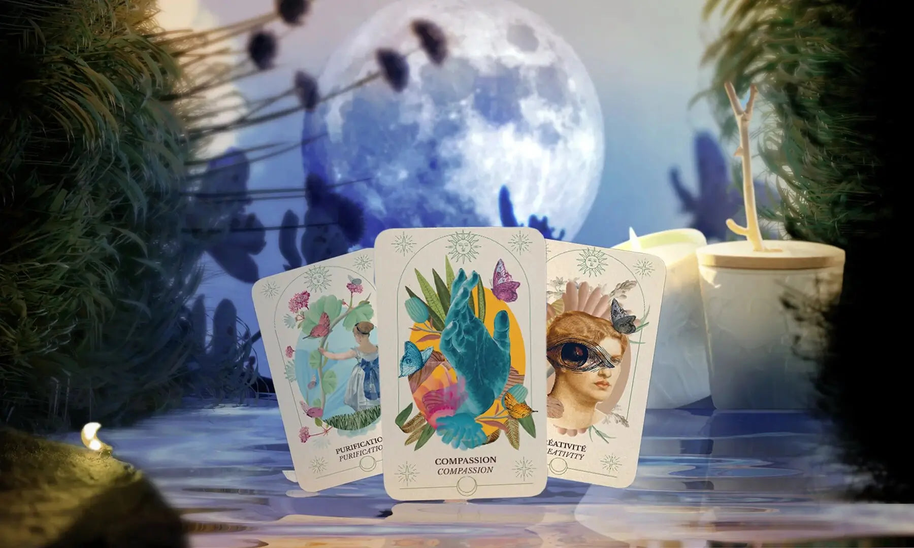 Oracle cards from Le Jardin Retrouvé illuminated by moonlight in a secret garden, evoking dreams and inner guidance.
