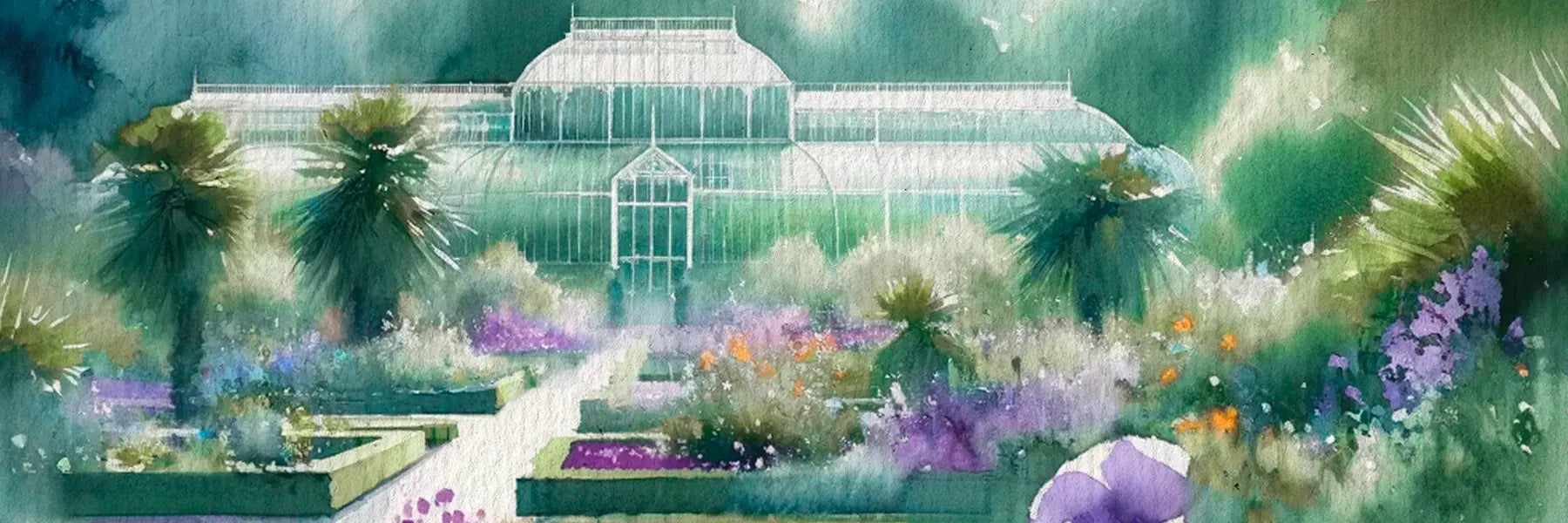 Bannière officiel du parfum Violette Kew du Jardin Retrouvé / la bannière représente une illustration des jardins de Kew en Angleterre 