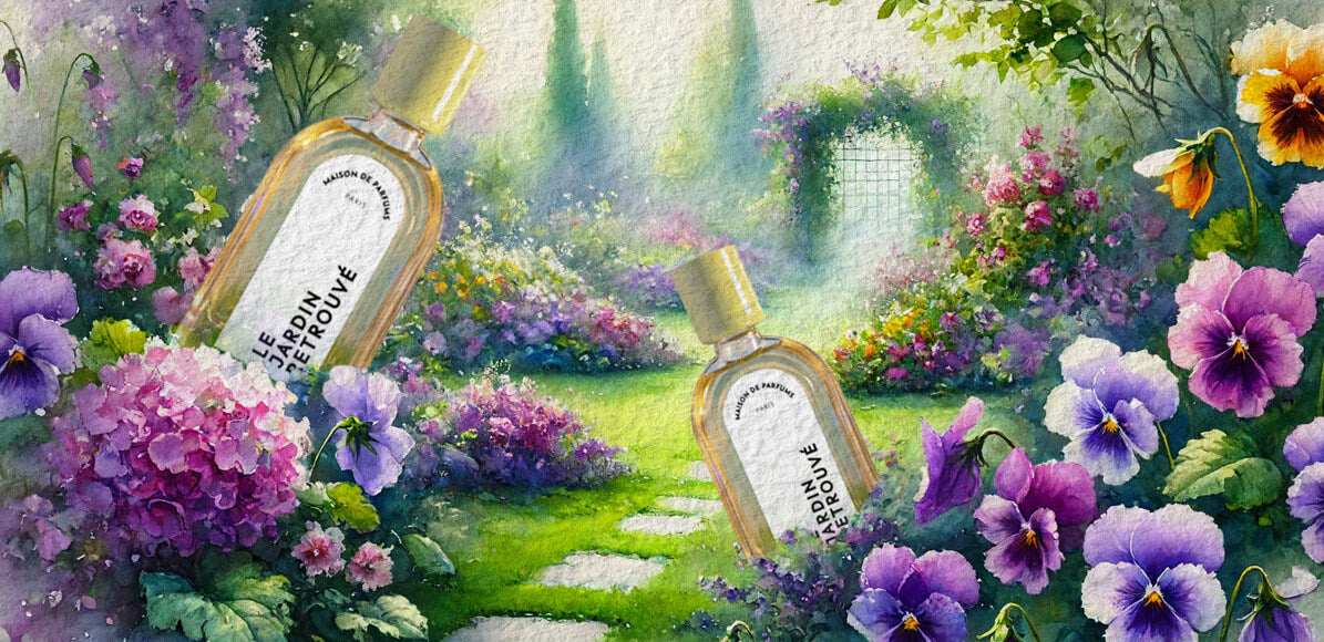 Un jardin très beau , illustré , avec beaucoup de Violet et une touche de orange , il y'a un petit chemin champêtre, et 2 parfum 20 ml du Jardin Retrouvé