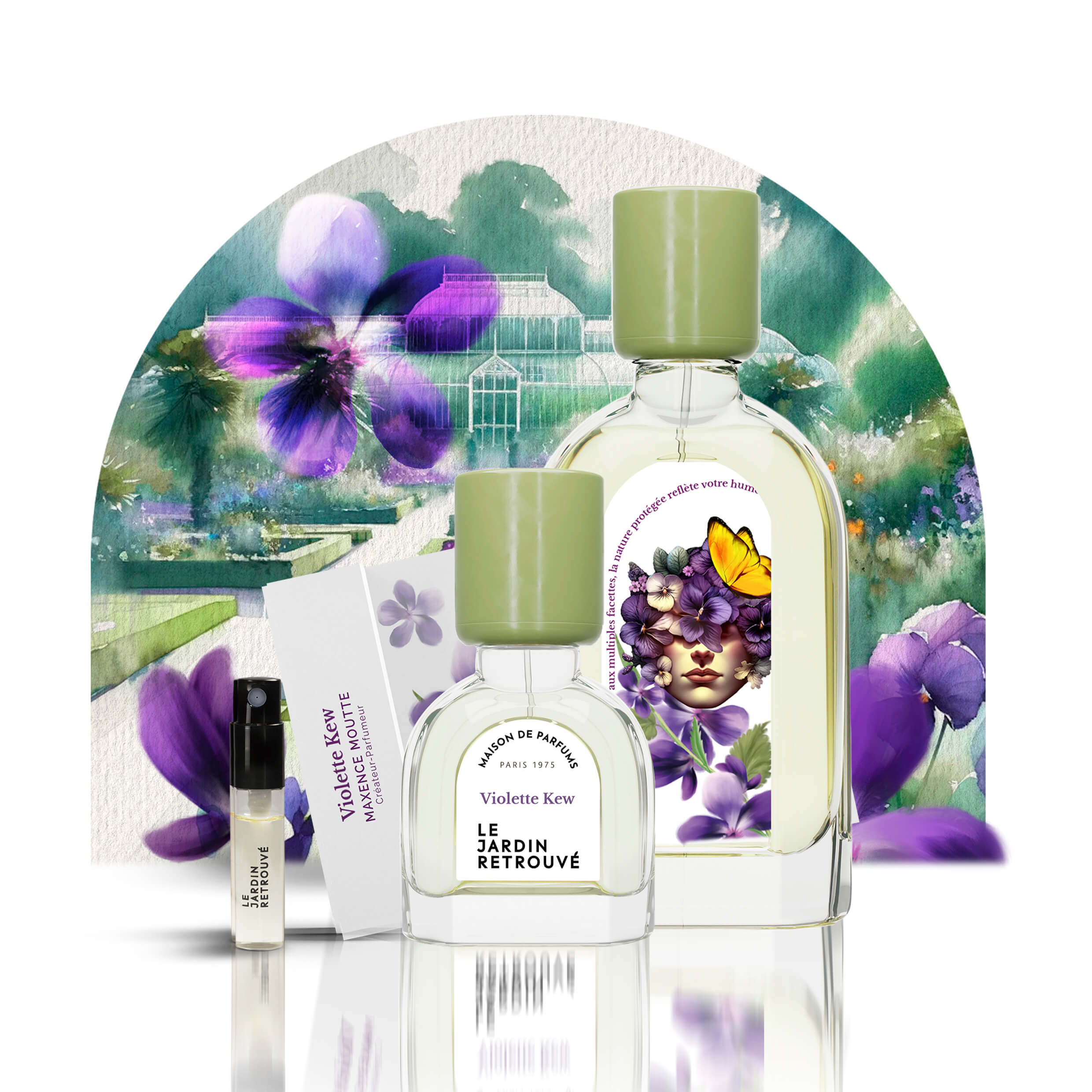 Le parfum Violette Kew en version 50ml et 15 ml , ainsi que le mini spray du Jardin Retrouvé, il y'a une illustration du Jardin de Kew derriere / image de la collection Violette Kew